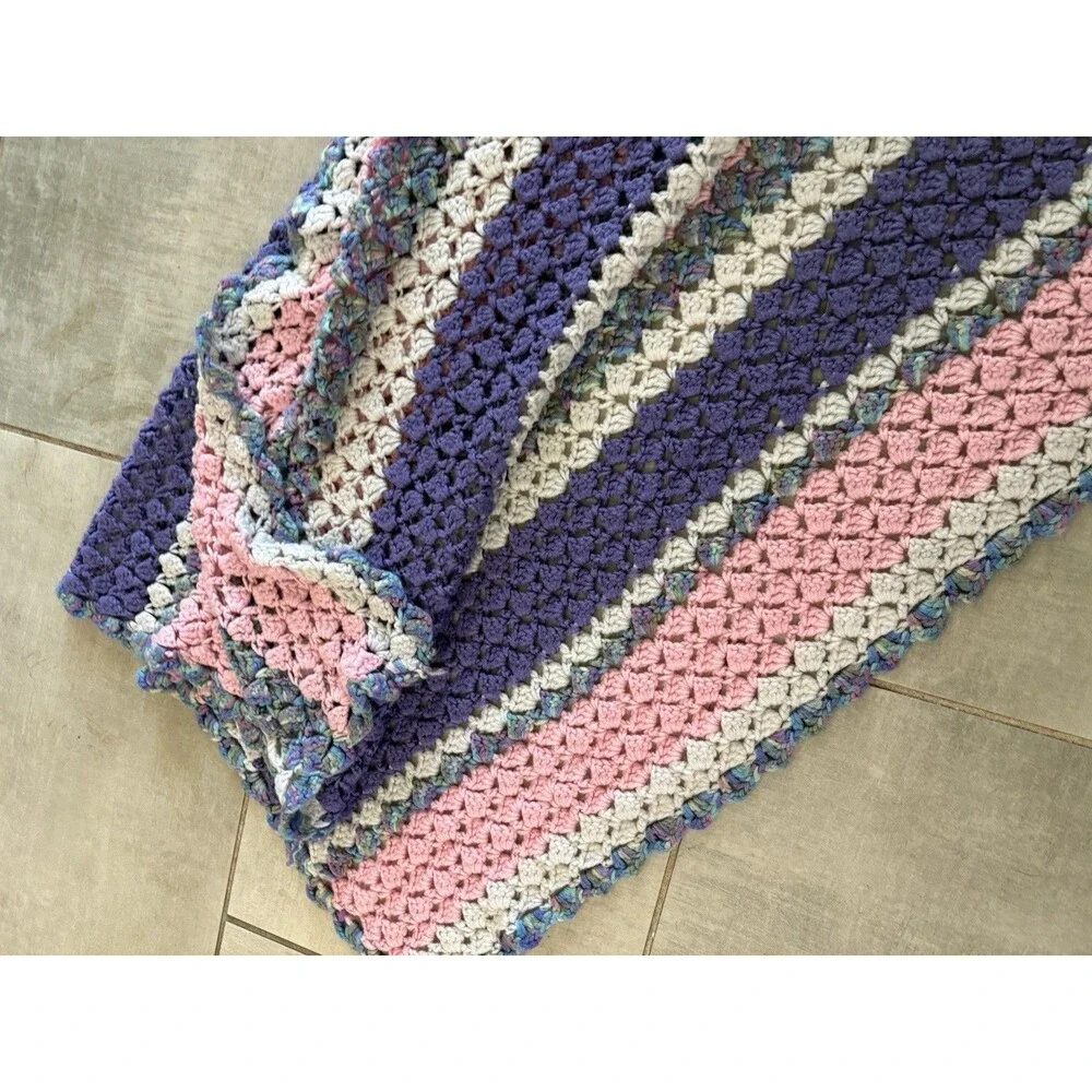 Handmade Knit Crochet Multi Color Afghan Blanket  Baby Approx. 42”x46”